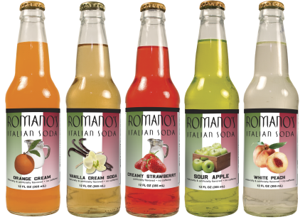 A row of the five different flavors of Romano's Italian Soda